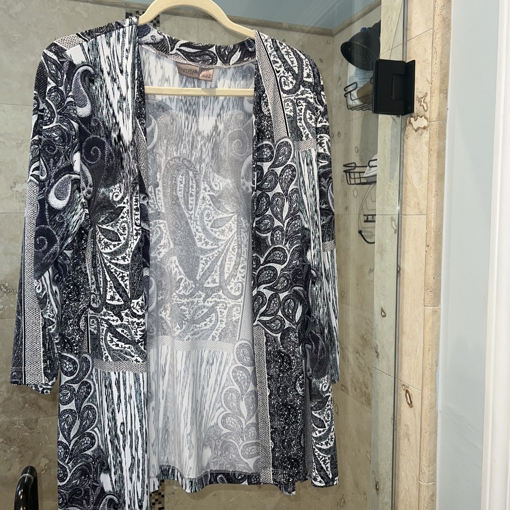Chicos Easywear Cardigan Open Front 3/4 Sleeve Paisley Sweater 2 L Large